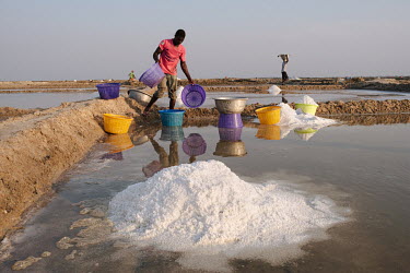 Salt being harvested in a private salt pan near Bonneykope in the Songhor Lagoon.  The salt-rich Songor Lagoon was historically a communal resource managed in trust for the people of Ada by the leader...