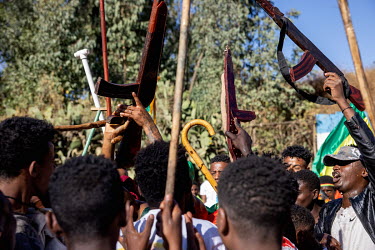Men with wooden guns and youths carrying sticks during Timkat (a celebration of the baptism of Jesus and the Orthodox Epiphany) pilgrims begin to jump into the water to purify themselves. The official...