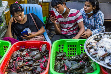 Street vendors, selling live crabs from a roadside stall in the city centre, look at the news on their mobile phones a day after the military staged a coup.