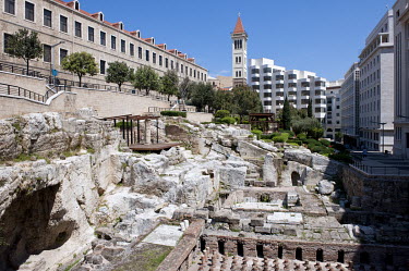 The ruins of a Roman-era baths and the Cathedrale St Louis with the Grand Serai govenment offices to the left. The reconstruction of downtown Beirut has been largely driven by Solidere, a development...