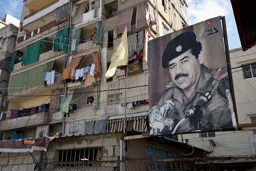A giant portrait of former Iraqi dictator Saddam Hussein in the Shatila Palestinian refugee camp in West Beirut.