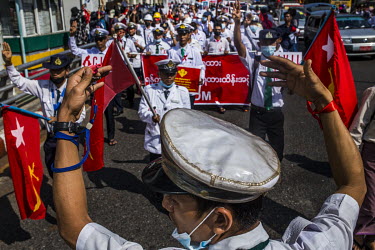 Civil servants from Myanmar Railway Department march in support of democracy, Aung San Suu Kyi and the National League for Democracy (NLD) and to protest the 1 February 2021 military coup.