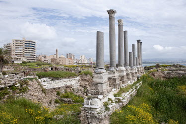 Reconstructed Roman columns at an archaeological site at the Egyptian Harbour on the Mediterranean coast. Although this area occupies the site of the Phoenician island of Tyre, the ruins that have sur...