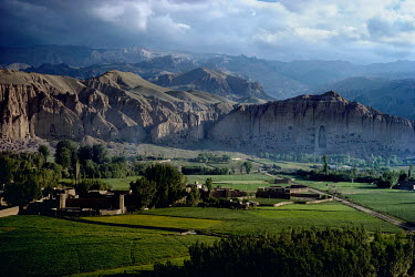 The Bamiyan Valley with the site of the Bamiyan Buddha statues (6th-7th century CE) prior to their destruction by the Taliban in 2001.