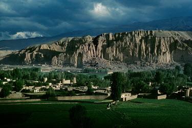 The Bamiyan Valley with the site of the Bamiyan Buddha statues (6th-7th century CE) prior to their destruction by the Taliban in 2001.