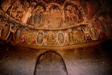 Buddhist frescoes on the walls that surrounded the giant Bamiyan Buddha statues (6th-7th century CE) prior to their destruction by the Taliban in 2001.