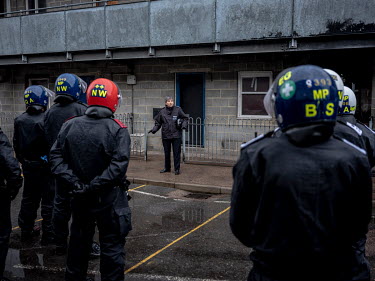 Metropolitan Police Chief Cressida Dick talks to officers during a police crowd control exercise on a purpose built street at the Metropolitan Police training centre in Gravesend.