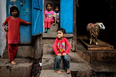 Children at the entrance to a building, beside a sheep in the urban refugee camp popularly known as 'Geneva Camp'. The people living in the area are related to Muslims who moved here mostly, but not e...