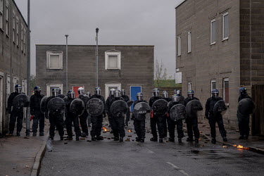 A police crowd control exercise conducted by officers in riot gear on purpose built streets at the Metropolitan Police training centre in Gravesend.
