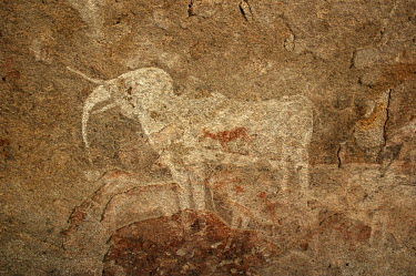 San/Bushman paintings of the 'White Elephant' with a red antelope thought to added later, painted over it. in Phillip's Cave, a national monument in the Erongo Mountains (Cave of the San in the Erongo...