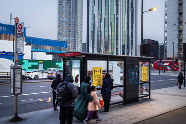 A bus at a stop in Elephant and Castle, during the 2021 COVID-19 lockdown.