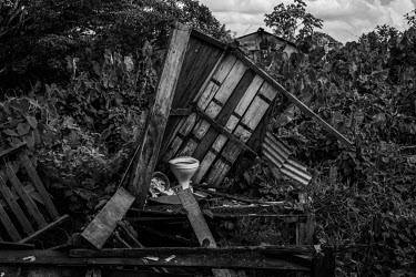 A destroyed shack close to the Igarape (creek), Altamira that was once home to a family since removed to a new settlement built to relocate the population dislodged as a result of the Belo Monte hydro...