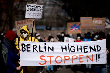Protesters hold a banner that reads 'Berlin Highend Stoppen!!' during a demonstration of a tenants' rights organisation against rent increases and gentrification, under the slogan 'Shut down rental ma...