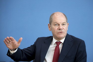 Olaf Scholz, SPD Federal Minister of Finance and Vice Chancellor, during a press call of the 'Bundespressekonferenz' on the results of the government's Berlin housing policy.