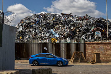A scrap metal yard in the Lea Valley. The huge mound of ferrous scrap was growing because the lorries which would normally take it to Turkey are still held up by the new Brexit paperwork.