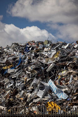 A scrap metal yard in the Lea Valley. The huge mound of ferrous scrap was growing because the lorries which would normally take it to Turkey are still held up by the new Brexit paperwork.