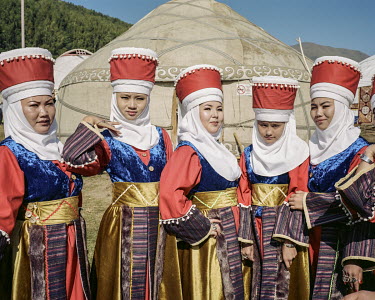 Kyrgyz women in traditional costume, at the Ethno-Village, World Nomad Games 2018.
