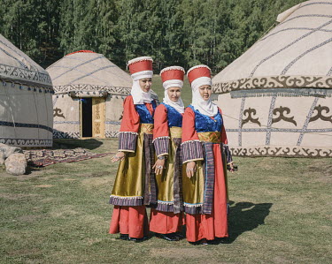 Kyrgyz women in traditional costume, at the Ethno-Village, World Nomad Games 2018.