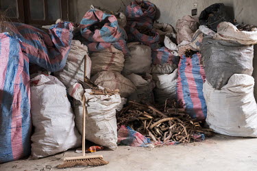Supplies of leaves, bark and roots at a healer's premises. Such forest products are becoming increasingly difficult to find due to deforestation, a problem compounded by harvesting them in a manner th...