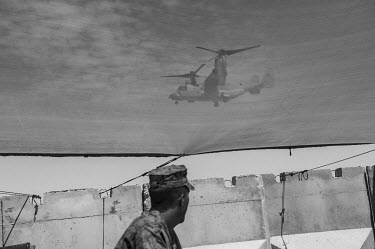 A US military Bell Boeing Osprey tiltrotor aircraft takes off from Camp Leatherneck in Helmand Province.