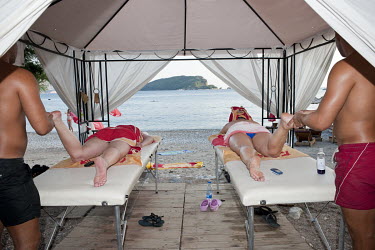 A Massage booth on the beach of Budva on the Adriatic coast.