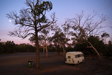 A van owned by Barney Webb parked for the night in a truck stop on the outskirts of Dubbo. The region has been inundated with mice. Barney has had to make several traps in his van where he currently l...