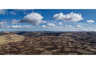 Marks of muirburn on a moorland near Colquhar in the Scottish Borders. The annual removal of heather by fire is a technique used in Scotland to stimulate growth of shoots to feed grouse populations fo...