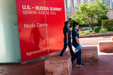 Cleaners at the CIGI Media Centre in Geneva, as prepartaions continue and journalists arrive for their accreditations. On 16 June 2021 US president Joe Biden and Russian president Vladimir Putin met i...