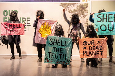 Scientists who are part of the Extinction Rebellion climate change action group protest Shell's sponsorship of 'Our Future Planet', an exhibition, advocating techno-fixes for the climate crisis at The...