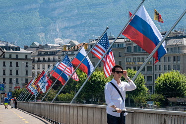 Russian and American flags fly on a bridge in Geneva in honour of the summit between US president Joe Biden and Russian president Vladimir Putin.  On 16 June 2021 US president Joe Biden and Russian pr...