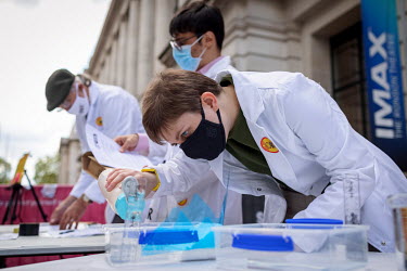 Scientists protesting Shell's sponsoring of the 'Our Future Planet' exhibition, which advocates techno-fixes for the climate crisis, give demonstrations outside the Science Museum in South Kensington....