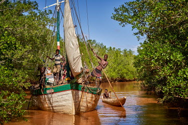 People sail a large boat along a waterway through mangroves in the western coastal region.Rising sea levels, human activities, and cyclones, have harmed Madagascar's valuable mangrove ecosystems, lead...