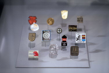 Badges of different Territorial Associations of the section Escape and expulsion of the Germans on display at the Museum and Documentation Centre of the Foundation Escape, Flight, Expulsion and Reconc...