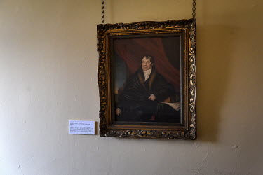 A portrait of Dr Edward Jenner on a wall at the Edward Jenner House Museum, where Jenner lived and worked. The portrait from 1821 is by an unknown artist, based on a painting by William Armfield Hobda...