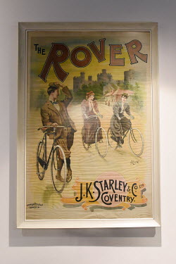 A poster celebrating the Rover Safety Bicycle, is on show in the Coventry Transport Museum, on its first day of reopening since the UK's coronavirus lockdown, on 20th July 2020.