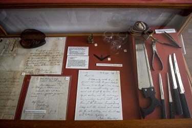 A display showing some of Dr Edward Jenner's correspondence and items that a doctor would have used in his day, at Dr Jenner's House Museum which has been reconstructed to give visitors an idea of whe...