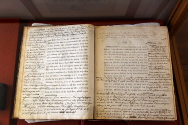 A copy of 'An Inquiry Into the Causes and Effects of the Variolae Vaccinae' by Dr Edward Jenner which belonged to Pierre De Sales who translated the work into French, on display at Dr Jenner's House M...