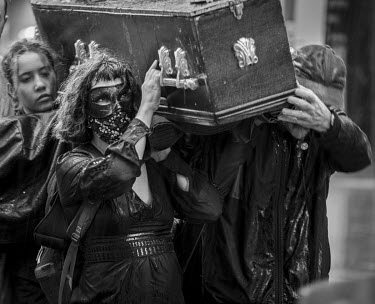 Extinction Rebellion activists at the 'opening ceremony' of the 'August 2021 Rebellion', conduct a funeral march with an 'earth coffin' to The Guildhall, home to the City of London Corpration. The act...