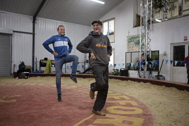 Tweedy the Clown and dove artist, Andrejs Fjodorous, laugh as they join in the Irish dance practice.  Giffords Circus have been rehearsing for 'The Hooley', their 2021 show, postponed from 2020 due to...