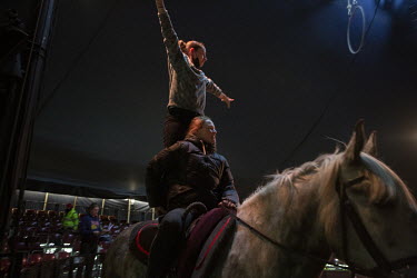 Rebecca Musselwhite and Lil Rice rehearse their equestrian routine in the big top as Giffords Circus prepare to return with their 2021 show, 'The Hooley', a celebration of Irish dance and culture, pos...