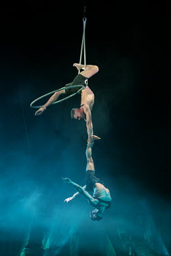 Jonny Grundy and Manuel Artino perform their aerial act as Giffords Circus comes back to life on the first night of their new 2021 show 'The Hooley' which was postponed from 2020 due to the COVID-19 p...