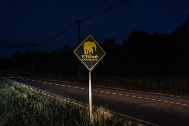 A sign warning visitors to beware of elephants is illuminated by a vehicle's headlights in Khao Yai National Park.
