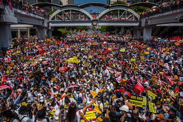 A crowd of hundreds of thousands of protestors including students, government civil servants, celebrities and polical activists gather in the centre of Yangon near Sule Square, to show their support f...