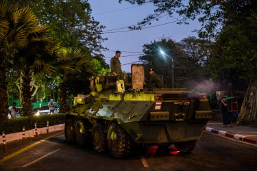 Myanmar army soldiers try to fix an armoured military vehicle that has broke down while patrolling in downtown Yangon. On 2 February 2021 the Maynmar military, known as the Tatmadaw, seized power from...