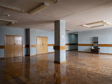 A corridor with parquet flooring in the Soviet era Mayak Hotel in Kurchatov. From 1949 until 1991 the Soviet government conducted 456 nuclear tests at the Semipalatinsk Test Site, also known as the 'P...