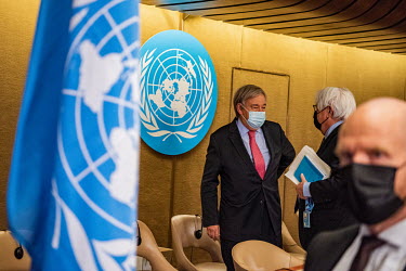 United Nations Secretary General Antonio Guterres speaks to Martin Griffiths, Under-Secretary-General for Humanitarian Affairs and Emergency Relief Coordinator after a press conference during the Unit...
