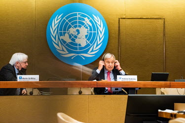 United Nations Secretary General Antonio Guterres speaking at a press conference during the United Nations Conference on Afghanistan, held at the UN in Geneva.