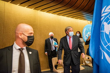 United Nations Secretary General Antonio Guterres leaving the room after speaking at a press conference during the United Nations Conference on Afghanistan, held at the UN in Geneva.
