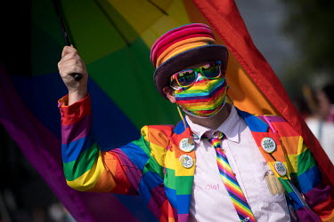 Participants with costume Rainbow colours at the Berlin's annual Christopher Street Day CSD Pride parade in Berlin.