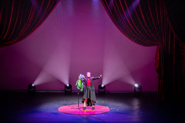 Deyna Viret, a student of the Cape Town College of Magic, performs a ventriloquist routine during a show at the Artscape Theatre.